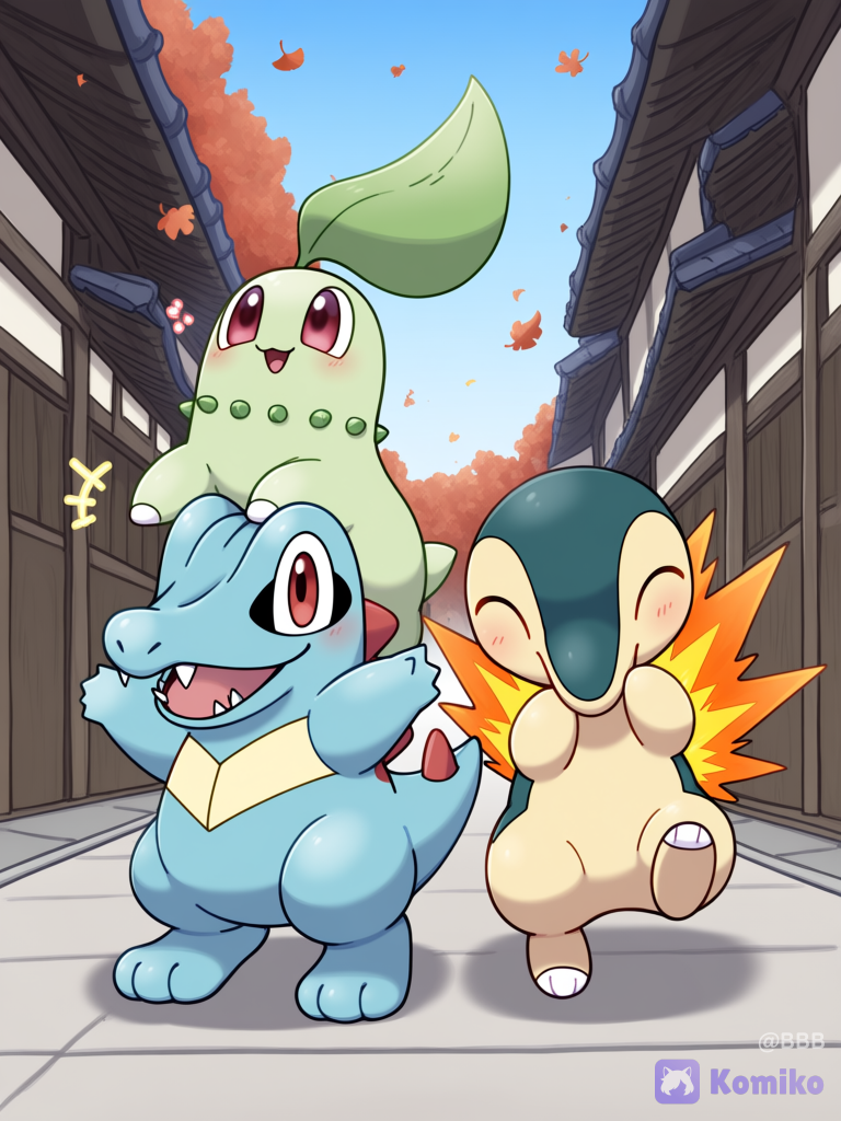 @Chikorita, @Cyndaquil, @Totodile,Ecruteak City(pokemon johto), laughing, open mouth, The three Pokémon were strolling around the city., full body, panoramic lens, wide shot, day, [pokemon-style]