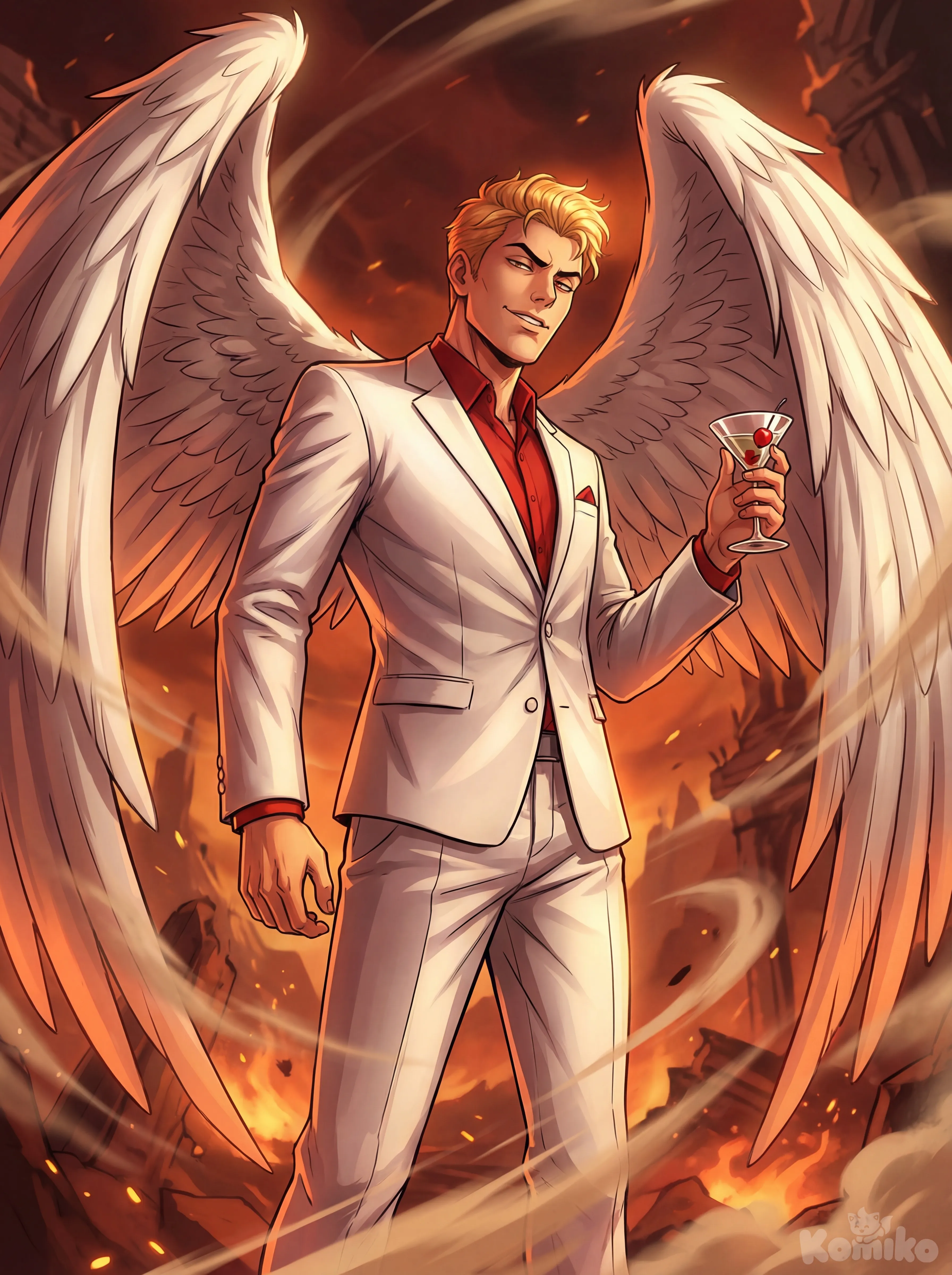 Based on the anime art style, he created a character, recreating Lucifer Morningstar, wearing a white suit while holding a glass of wine in his hand, an epic and dynamic scene.