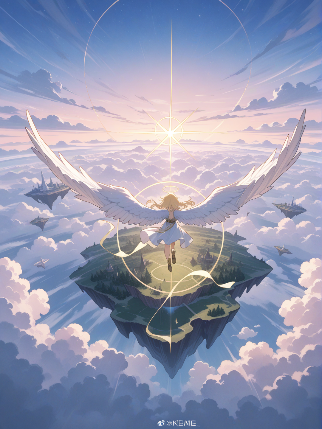 Archangel jumping from a floating island