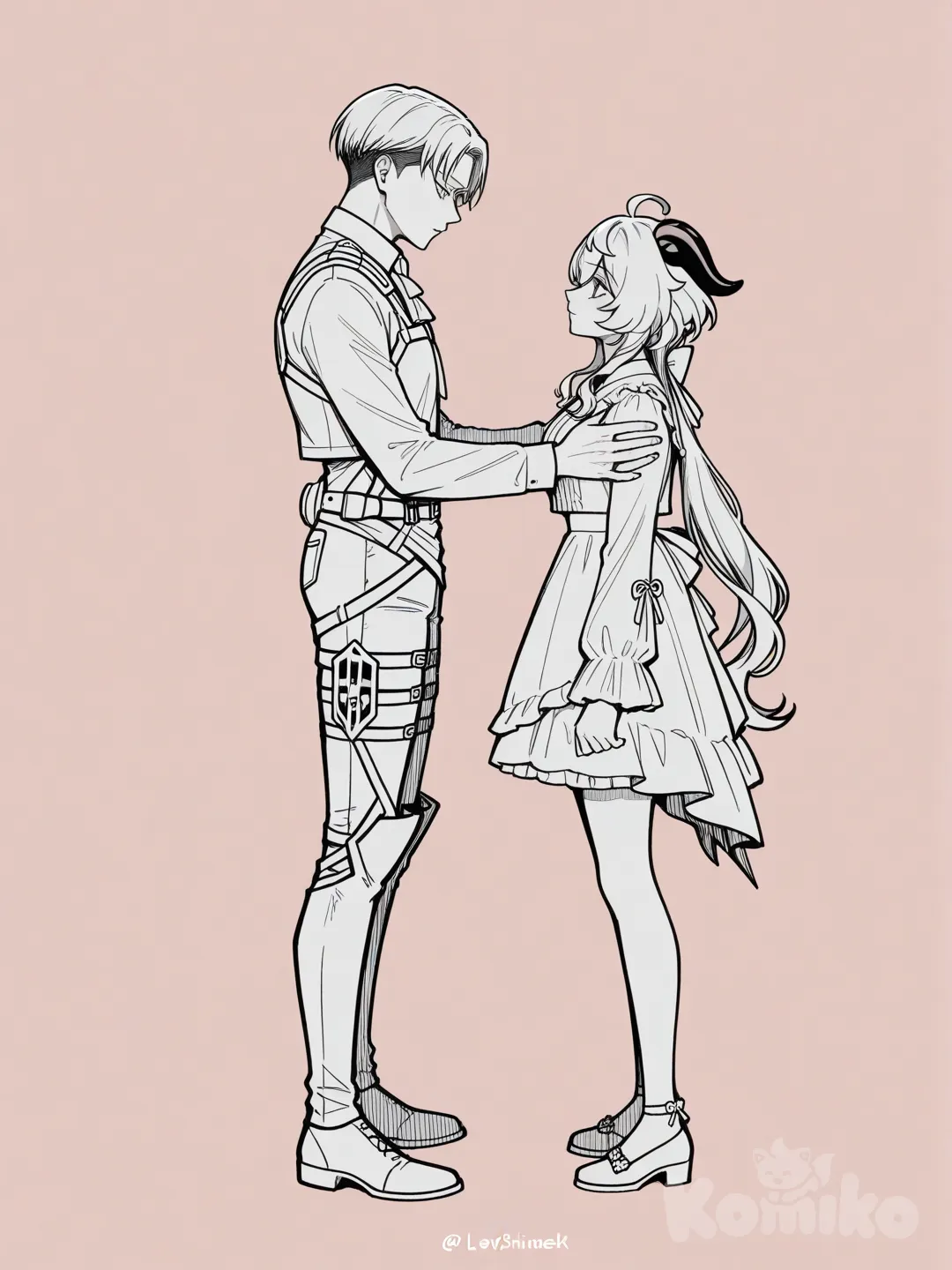 1boy, 1girl, @Ganyu_(Genshin_Impact), @Levi_(Shingeki_No_Kyojin)