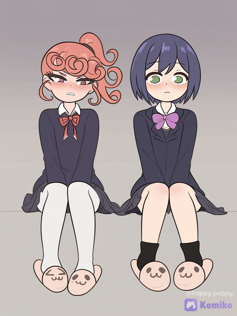[flat-furry-style], Tatsumaki, Shizuka Rin, sitting side by side, pleated skirt, school uniform, red hair, pastel hair color, slippers, gradient background