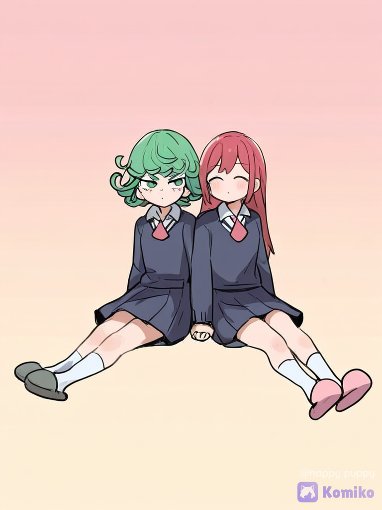 [soft-furry-style], Tatsumaki, Shizuka Rin, sitting side by side, pleated skirt, school uniform, red hair, pastel hair color, slippers, gradient background