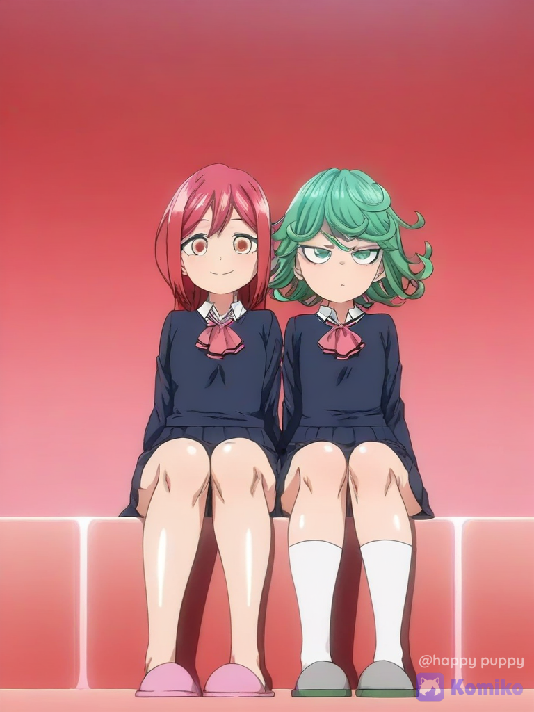 [smooth-satin-illustration-style], Tatsumaki, Shizuka_Rin, sitting side by side, pleated skirt, school uniform, red hair, pastel hair color, slippers, gradient background