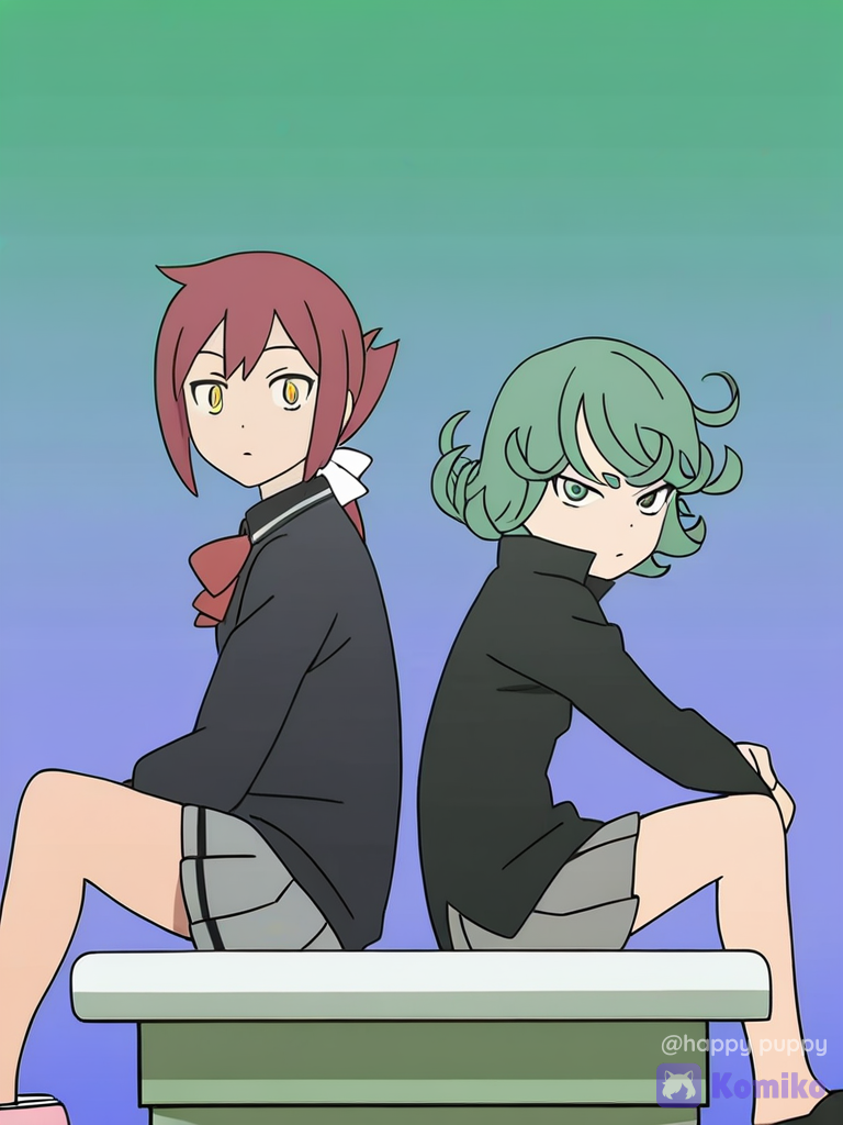 [flat-anime-style], Tatsumaki, Shizuka Rin, sitting side by side, pleated skirt, school uniform, red hair, pastel hair color, slippers, gradient background