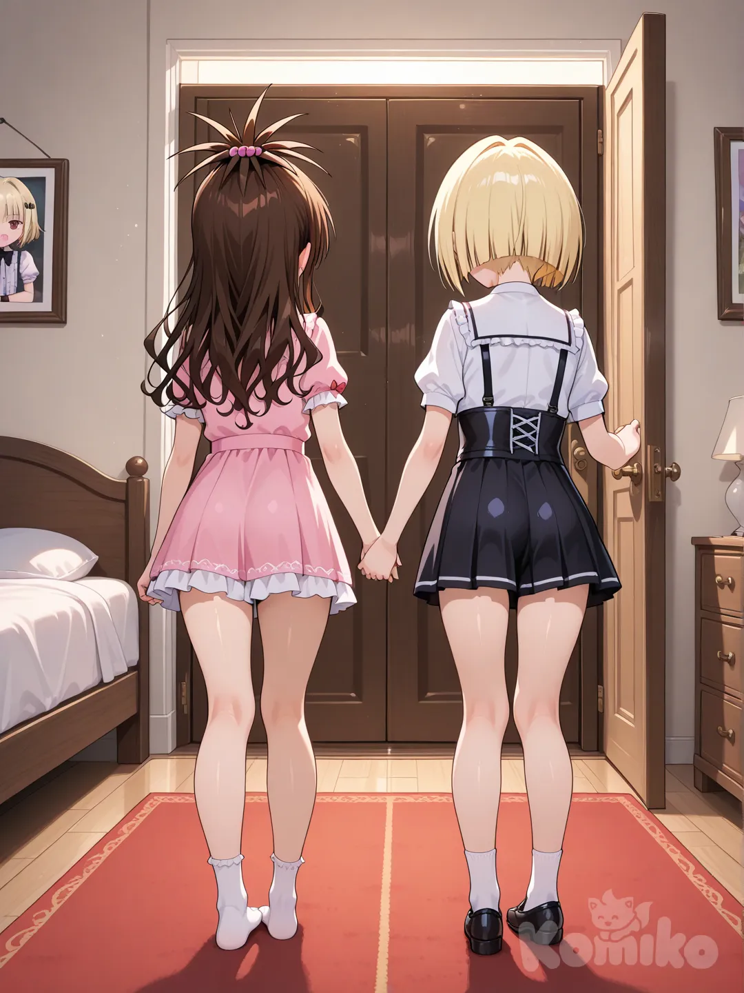 yuuki mikan, gasper vladi, crossover, bed, high school dxd, to love-ru, loli, shota, vampire, blonde hair, brown hair, open door, bed, entering room, holding hands, back view, full body, romantic, to love-ru, high school dxd, 1girl, 1boy, otoko no ko
