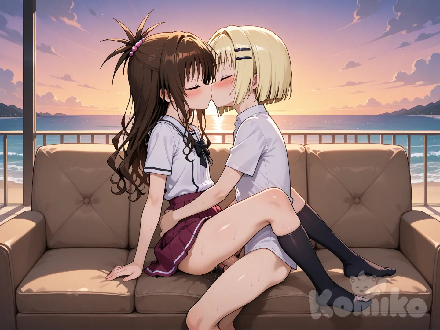 yuuki mikan, gasper vladi, crossover, sofa, high school dxd, to love-ru, loli, shota, vaginal, vampire, blonde hair, brown hair, love, kiss, beach, sunset, balcony, blush
