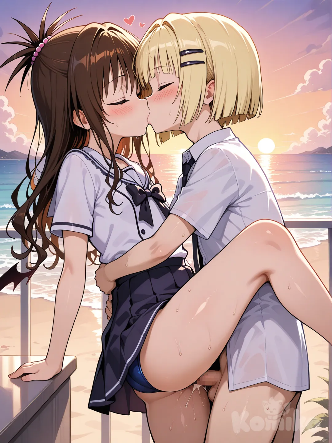 yuuki mikan, gasper vladi, crossover, high school dxd, to love-ru, loli, shota, vaginal, vampire, blonde hair, brown hair, love, kiss, beach, sunset, balcony, blush, standing, Clothes