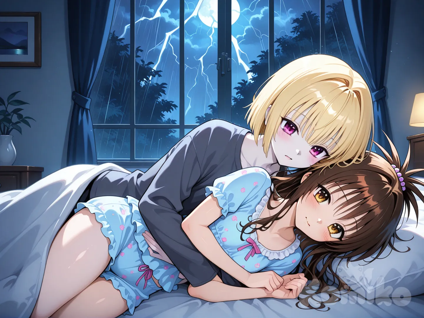 yuuki mikan, gasper vladi, to love-ru, high school dxd, 

A warm and tender anime scene of two young adults spooning together in bed during a nighttime thunderstorm.

 Mikan Yuuki
Petite young girl with medium chestnut-brown hair and golden-amber eyes.
She looks frightened and tense, reacting to the lightning outside.
She is the little spoon, curled gently in front of Gasper.
Wearing a soft pastel pajama top, modest and comfortable.

 Gasper Vladi
Androgynous boy with pale skin, platinum-blonde hair with soft bangs, and violet-pink eyes.
He is the big spoon, holding Mikan protectively from behind.
His expression is gentle and calming, showing love and reassurance.
Wearing a simple light pajama shirt.

Scene and mood:
They lie together under a warm blanket in a dimly lit bedroom.
Soft blue moonlight filters through the window while faint flashes of lightning illuminate the room.
Gasper holds Mikan quietly, his arms around her waist, comforting her fear.
The atmosphere is cozy, emotional, protective, and intimate without sexualization.
Soft lighting, warm tones, subtle rain and thunder ambiance through the window.