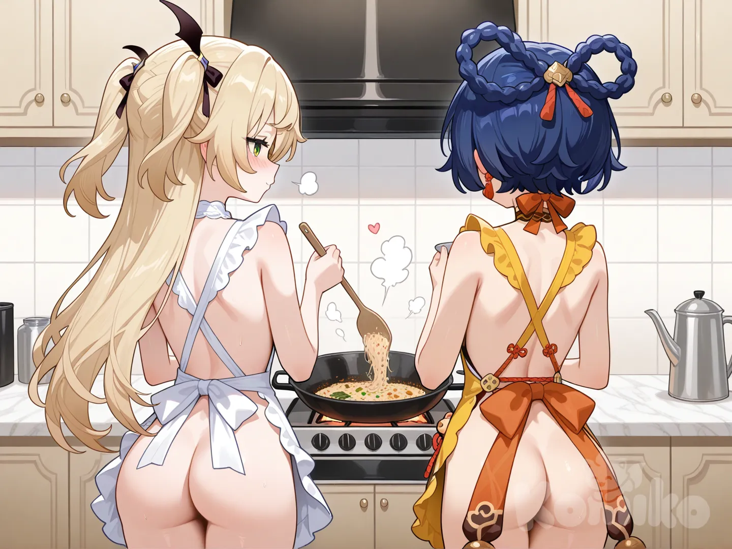 xiangling (genshin impact), fischl (genshin impact), genshin impact, apron, cooking, kitchen
Xiangling wearing a naked apron back view her butt exposed, Xiangling in the kitchen tossing fried rice in wok, Fischl standing behind Xiangling and blushing furiously, Xiangling telling her good morning