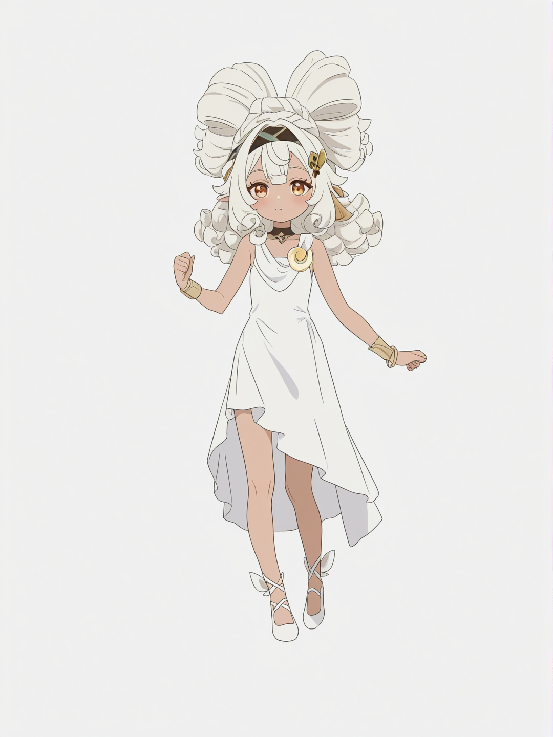 [bright-anime-style] 1girl, genshin_impact, child, slim, petite, white_hair, curly_hair, brown_eyes, tan, evening_dress, lace, bracelet, headband, hair_ornament, solo, full_body, looking_at_viewer, simple_background, white_background