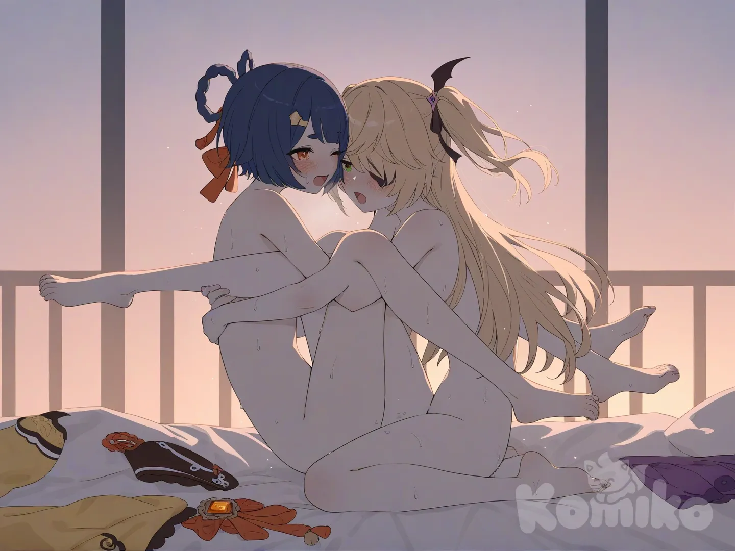 Hentai, completely nude, yuri, dim light, clothes on floor, moaning, sweat, 2girls, full body, barefoot, sex, balcony, sunset, rough sex, hugging leg, genshin impact, xiangling (genshin impact), fischl (genshin impact), one eye closed, [soft-pastel-style], scissoring, on bed