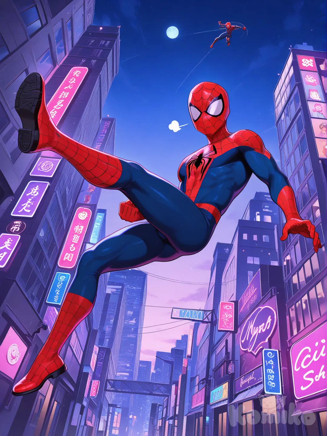 Spiderman swinging through the city