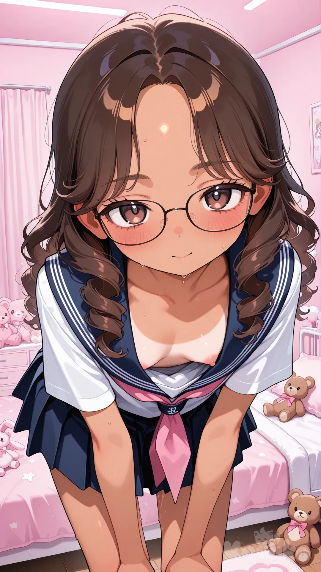 Menina pequena, magra, morena, usando óculos, quarto rosa com pelucias, cabelos longos cacheados, colegial sexy, downblouse, small breasts, explícito