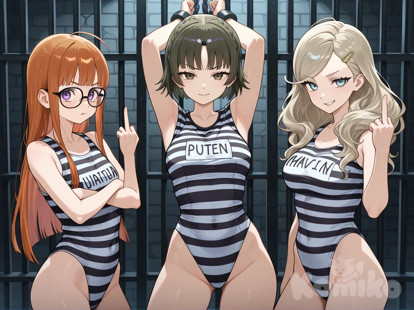 3girls, takamaki ann, nijima makoto, sakura futaba, prison cell, prison clothes, leotard, sleeveless, stripes, smirking, middle finger, front facing, hair down, behind bars