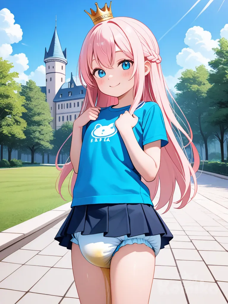 diaper,pink hair, long hair, blue eyes, t-shirt, pleated skirt, looking at viewer, mini crown, cute girl,16 years old, castle, smile, blush