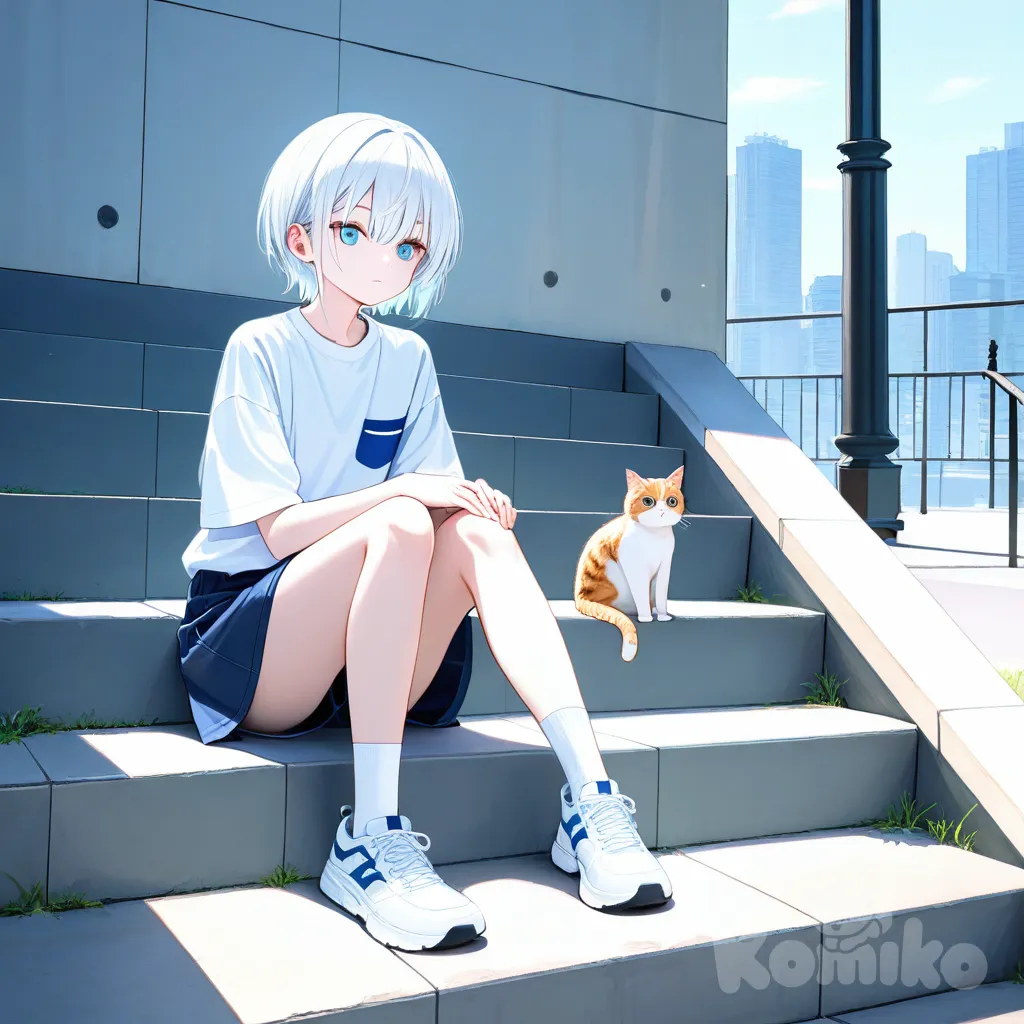 expressionless, day, cityscape,looking at cat, white hair, blue eyes, white shirt, sitting on stairs