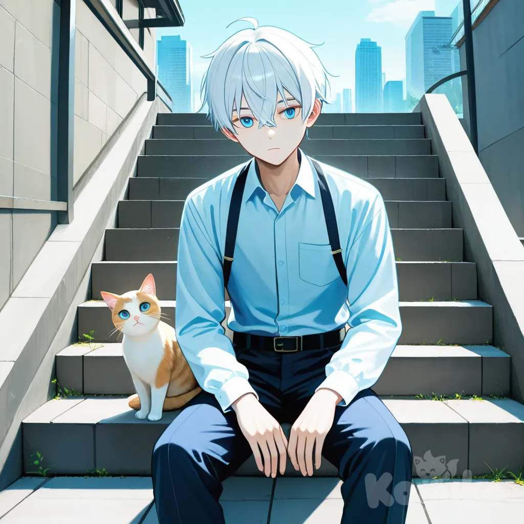 handsome boy, expressionless, day, cityscape,looking at cat, white hair, blue eyes, white shirt, sitting on stairs, 1boy