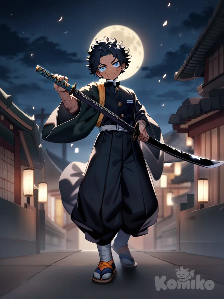 young boy, demon slayer uniform, open black kimono, burn scars, hand covered in scars, jaw scars, cheek scars, proud expression, purplish blue eyes, short messy curly hair, holding two katanas, obsidian black katana blades, purplish blue katana tips, night sky, moon in background, full body visible open katanas, battle ready
