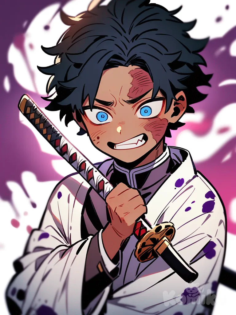 a young boy in a demon slayer uniform is and a open, paint splattered kimono. one of his hands is completely covered in burn scars his jaw and cheek also have burn scars. he has a proud look on his face. his eyes are purplish-blue. and his hair is short but messy and curly. he holds two katanas, the katana's blades are obsidian black and slowly fade to a purplish-blue as it gets closer to the tip of the blade, in the background there is a moon that lights up the night sky his full body is visible
