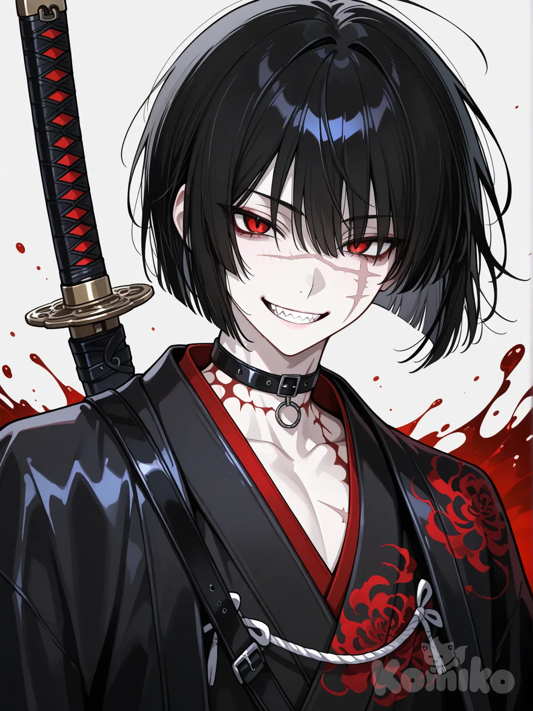 ชายผิวขาว ผมสีดำทรงbob cut ตาสีแดงคราม มีแผลเป็นตรงหน้า ใส่ปลอกคอหนังสีดำ หน้าหวาน ยิ้มกระหายเลือด ใส่ชุดกิโมโนดำลายทะเลเลือด มีดาบคาตานะเลือดใกล้ตัว