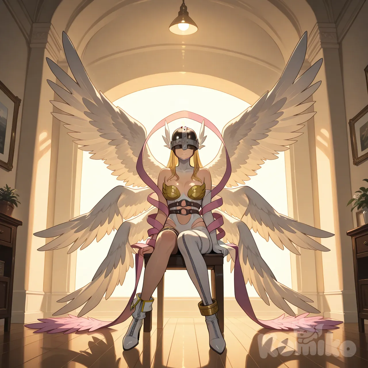 piece: La chambre baignait dans une lumière douce et diffuse, d’un blanc chaud tirant légèrement vers le beige, sans aucune source de lumière visible directe, comme si l’éclairage provenait des murs eux-mêmes. Les parois lisses, sans cadres ni décorations, renforçaient une sensation de calme artificiel, presque clinique, mais tempérée par la chaleur des tons.
Angewomon assise sur une chaise, les ailes soigneusement repliées derrière elle.