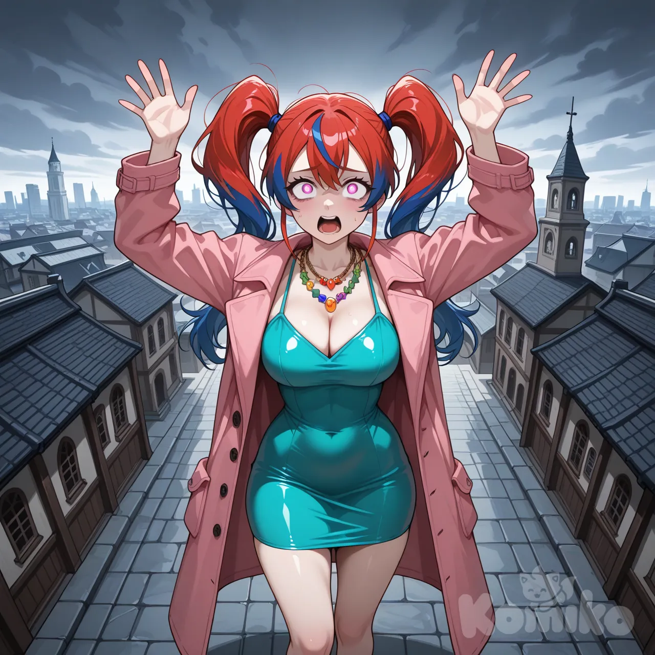 nokia de digimon story : La jeune femme apparaissait comme une adulte jeune, à la silhouette féminine bien dessinée, sans excès. Son corps était élancé, avec une taille marquée, des hanches douces et une poitrine mise en valeur par sa tenue. Sa posture trahissait une situation de détresse : elle était plaquée contre une vitre, le buste légèrement penché en avant, les deux mains ouvertes et appuyées contre la surface transparente, comme si elle cherchait désespérément à attirer l’attention de quelqu’un à l’extérieur.

Son visage n’exprimait aucun sourire. Au contraire, ses traits étaient tendus. Sa bouche était entrouverte, comme si elle criait ou appelait à l’aide, et ses sourcils étaient légèrement froncés, donnant à son expression une urgence palpable. Ses yeux, grands et lumineux, regardaient vers l’avant avec inquiétude, presque suppliants. Ils semblaient chercher un contact visuel, une réponse, un secours immédiat. Sa peau claire accentuait encore cette impression de vulnérabilité exposée.

Ses cheveux étaient rouges, d’un rouge vif et saturé, attachés en deux couettes hautes de chaque côté de la tête. Les mèches étaient épaisses, légèrement désordonnées, certaines s’échappant près de son visage, comme si elle avait bougé brusquement. La couleur intense de sa chevelure contrastait fortement avec le décor neutre et renforçait son caractère visuel fort. Des attaches bleutées maintenaient ses couettes, ajoutant une touche de couleur secondaire à l’ensemble.

Elle portait une robe ajustée de couleur turquoise, moulante sur le haut du corps. Le décolleté était marqué, révélant une poitrine généreuse mais naturelle, maintenue par une coupe qui suivait précisément la ligne de son buste. Le tissu semblait fin et extensible, soulignant la tension de son corps plaqué contre la vitre. La robe épousait sa taille et ses hanches, suggérant ses formes sans les exagérer.

Par-dessus, elle portait un manteau long rose pâle, ouvert, dont les manches glissaient le long de ses bras levés. Le vêtement semblait presque flotter, comme mal ajusté à la situation, accentuant l’impression qu’elle avait été prise au dépourvu. Autour de son cou, plusieurs colliers colorés pendaient librement, légèrement déplacés par son mouvement, ajoutant une note personnelle et urbaine à son apparence. elle a l'air affolé comme si elle etait poursuit, elle est au moins au 8eme etage d'un immeble

L’immeuble dans lequel elle se trouvait semblait être un bâtiment moderne, probablement un centre commercial ou un espace public fermé. La vitre contre laquelle elle était plaquée séparait clairement deux espaces : l’intérieur où elle se trouvait et l’extérieur ou un autre niveau du bâtiment. Le plafond était haut, pas éckairé aucune lumiere Les murs et structures visibles étaient faits de matériaux industriels, métal et béton clair, renforçant une atmosphère impersonnelle et fonctionnelle.

L’environnement donnait une impression d’enfermement. L’architecture était rigide, rectiligne, sans chaleur, ce qui accentuait la détresse de la jeune femme. Elle semblait piégée dans cet espace trop propre, trop froid, où sa présence humaine, expressive et vulnérable jurait violemment avec la neutralité du lieu.Voici une version corrigée et réécrite, en respectant ton intention, en recentrant clairement la scène sur le toit d’une église et en renforçant la détresse, la lisibilité et l’impact visuel, sans trahir le fond.

—

La jeune femme apparaissait comme une adulte jeune, à la silhouette féminine bien dessinée, sans excès. Son corps était élancé, la taille marquée, les hanches douces, la poitrine naturellement mise en valeur par sa tenue. Mais rien, dans son apparence, n’évoquait la sérénité. Sa posture traduisait une urgence brutale : elle se tenait debout sur le toit d’une église, exposée au vide, agitant les bras de toutes ses forces, comme si chaque mouvement pouvait faire la différence entre être vue… ou disparaître.

Ses gestes étaient amples, presque désordonnés. Elle levait les bras au-dessus de sa tête, les balançait vers l’avant, vers le bas, vers l’horizon, cherchant désespérément à attirer l’attention de quelqu’un, n’importe qui, au sol ou dans les bâtiments alentour. Son corps tout entier semblait tendu par la peur, comme poursuivi par une menace invisible, trop proche pour être ignorée.

Son visage n’exprimait aucun sourire. Ses traits étaient crispés, tirés par la panique. Sa bouche était entrouverte, comme si elle criait à pleins poumons, appelant à l’aide malgré le vent et la hauteur. Ses sourcils légèrement froncés accentuaient cette expression d’affolement pur. Ses yeux, grands et lumineux, regardaient vers le vide avec une intensité presque suppliante, cherchant un regard, une réaction, un signe de secours. Sa peau claire renforçait encore cette impression de vulnérabilité exposée, perdue au sommet de l’édifice.

Ses cheveux rouges, d’un rouge vif et saturé, étaient attachés en deux couettes hautes de chaque côté de la tête. Les mèches épaisses étaient légèrement désordonnées, certaines collant à son visage ou s’échappant sous l’effet du vent, comme si elle s’était déplacée précipitamment. Des attaches bleutées maintenaient ses couettes, apportant une touche de couleur contrastante à l’ensemble.

Elle portait une robe ajustée de couleur turquoise, moulante sur le haut du corps. Le décolleté était marqué, soulignant une poitrine généreuse mais naturelle, maintenue par une coupe qui suivait précisément la ligne de son buste. Le tissu fin semblait se tendre à chacun de ses mouvements brusques, épousant sa taille et ses hanches sans jamais les exagérer. Par-dessus, un long manteau rose pâle restait ouvert, battant légèrement autour de ses bras et de ses flancs, comme mal accordé à la gravité de la situation.

Autour de son cou, plusieurs colliers colorés pendaient librement, s’entrechoquant doucement à chacun de ses gestes désespérés, ajoutant une touche presque incongrue de quotidien et d’humanité à cette scène de panique.

Le toit sur lequel elle se trouvait dominait la ville. Elle était au moins au huitième étage, perchée sur cette église ancienne dont la pierre claire contrastait avec les bâtiments modernes alentours. Les tuiles, les rebords et les éléments architecturaux rigides accentuaient la sensation de hauteur et de danger. Le ciel au-dessus d’elle était sombre, sans lumière directe, comme si l’obscurité elle-même pesait sur la scène.

L’environnement donnait une impression d’isolement total. Là-haut, exposée au vent et au vide, elle semblait minuscule, fragile, presque écrasée par l’architecture sacrée et la hauteur vertigineuse. Sa présence humaine, affolée, vibrante, jurait violemment avec la froideur immobile de l’édifice, renforçant l’idée qu’elle était piégée, acculée… et qu’il ne lui restait plus que ses gestes désespérés pour espérer survivre.

—

Si tu veux, je peux ensuite te faire une version encore plus cinématographique (angles de caméra, profondeur de champ, lumière, ambiance dramatique) ou préparer directement un prompt d’illustration ultra-précis dans le style réaliste et cinématographique que tu utilises pour Kizuna.