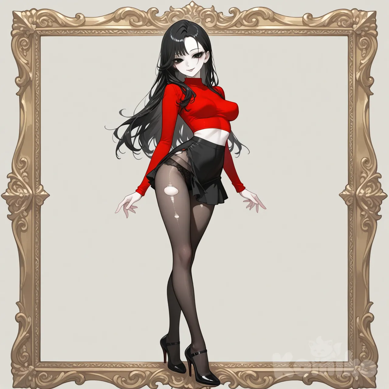 Yuuko, Son corps était fin, aux lignes douces et continues, sans angles brusques, donnant une impression de légèreté maîtrisée. Sa posture, légèrement déhanchée, accentuait naturellement la cambrure de son dos et la fluidité de ses formes.

Son visage était fin et délicat. Les traits étaient doux, avec un menton étroit, un nez discret et une bouche petite, aux lèvres fines, fermées dans une expression calme, presque distante. Son regard semblait posé, souriante, renforcé par de grands yeux sombres typiques du style illustratif, donnant une impression d’intelligence tranquille et de retenue. Sa peau paraissait très claire, lisse, sans imperfection visible, cheveux longs noirs. La coupe était asymétrique avec des mèches irrégulières encadrant son visage, ce qui renforçait un aspect à la fois moderne et subtil. Les cheveux semblaient fins et soyeux, avec un tombé naturel.

Sa tenue épousait étroitement son corps. Elle portait u crop top rouge moulant ce qui mettait clairement en valeur sa poitrine. Celle-ci était de taille moyenne, bien dessinée, ferme visuellement, sans exagération, soutenue par la coupe du vêtement qui soulignait la courbe sans vulgarité. Le contraste entre le noir et le blanc attirait l’œil vers cette zone centrale du corps.

La jupe était courte et légèrement évasée, laissant apparaître la totalité de ses jambes. Sous la jupe, le galbe de ses fesses était suggéré plus que montré, mais restait nettement perceptible par la manière dont le tissu épousait l’arrière de son bassin. Les formes étaient harmonieuses, ni trop larges ni trop plates, donnant une impression de féminité discrète mais assumée, jupe un peu déchiré laissant voir sa culotte en dentelle noire dessous

Elle portait des collants noirs très ajustés, qui soulignaient la finesse de ses cuisses et la longueur de ses jambes. Ces dernières semblaient longues et minces, renforçant encore l’élégance générale de sa silhouette. Les pieds étaient chaussés de talons sobres, ajoutant quelques centimètres à sa stature et accentuant la cambrure naturelle de son corps.