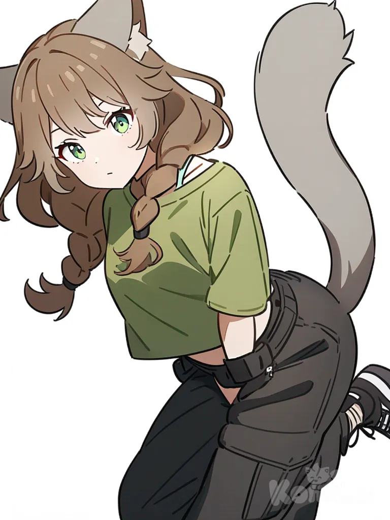 1girl, cat girl with gray ears and gray tail, wavy hair, braids, green eyes, brown hair, teenager, green crop top shirt, black cargo pants, single character, full body, looking at viewer, anime style, simple background, white background