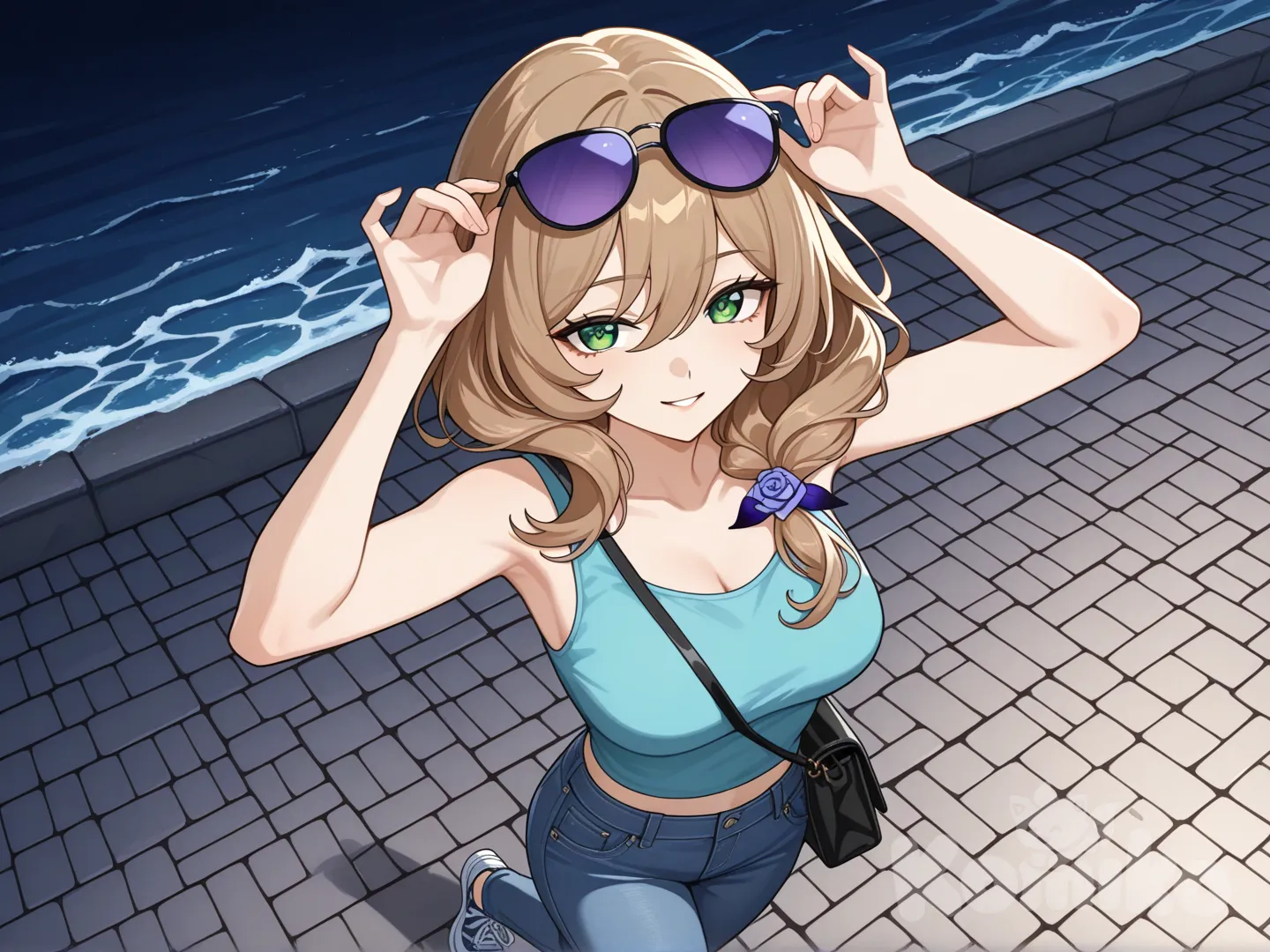 @Lisa_(Genshin_Impact) (big cool sister) 

#big sister style , Very good figure , 

#side view 

 # upper body (Focus on the upper body, from the waist up.)

#looking at viewer #full body#, up view , #full body ,from above , day , funny , relaxed, anime style , 

#cool post

,deep sea blue Thin Cropped tank top , jeans , deep sea blue running shoes , sun glasses

relax , Taking a stroll, walking on a sidewalk , on a midnight sunnyday , in the sreet in night market , It has a view of the sea and beach as a backdrop

She is now strolling through the night market, amidst the crowds, carrying a bag full of fruit in her hands.