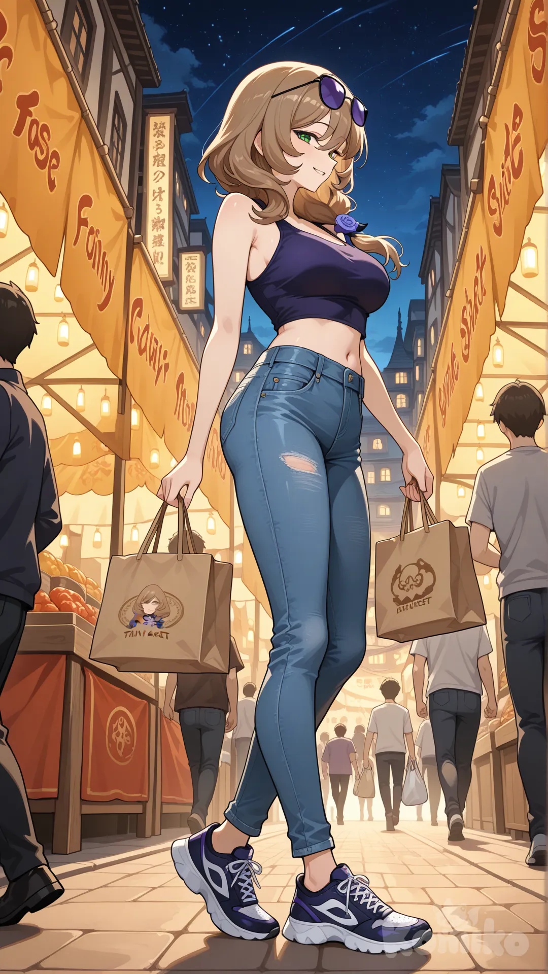 @Lisa_(Genshin_Impact) (big cool sister) 

#big sister style , Very good figure , 

#side view 

 # upper body (Focus on the upper body, from the waist up.)

#looking at viewer #full body#, up view , #full body ,from above , day , funny , relaxed, anime style , 

#cool post

,deep sea blue Thin Cropped tank top , jeans , deep sea blue running shoes , sun glasses

relax , Taking a stroll, walking on a sidewalk , on a midnight sunnyday , in the sreet in night market , It has a view of the sea and beach as a backdrop

now She is currently strolling through the night market amidst the crowds, carrying a bag full of fruit in her hands. Soon, she will return to collect her reward from her boss.