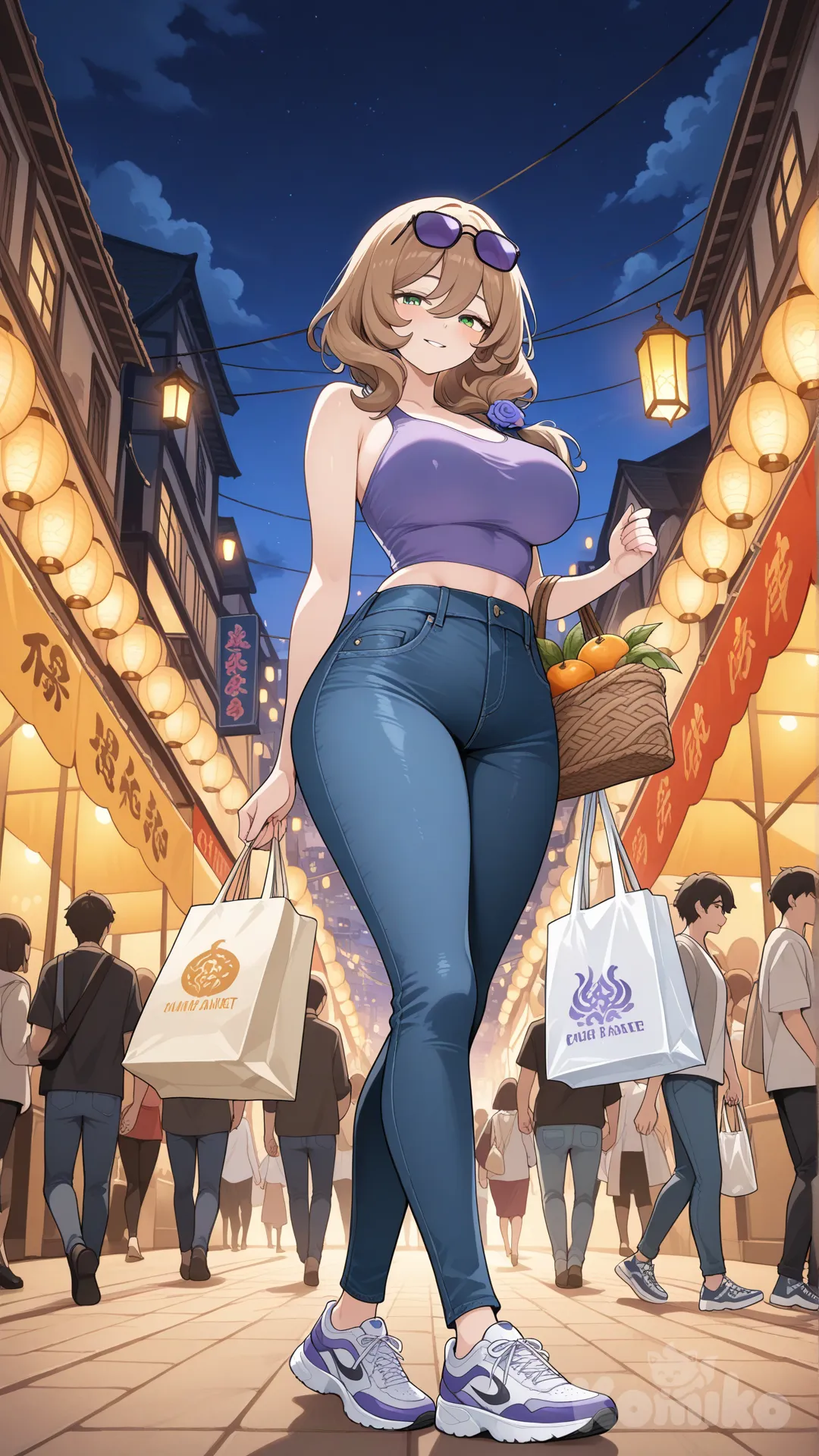 @Lisa_(Genshin_Impact) (big cool sister) 

#big sister style , Very good figure , 

#side view 

 # upper body (Focus on the upper body, from the waist up.)

#looking at viewer #full body#, up view , #full body ,from above , day , funny , relaxed, anime style , 

#cool post

,deep sea blue Thin Cropped tank top , jeans , deep sea blue running shoes , sun glasses

relax , Taking a stroll, walking on a sidewalk , on a midnight sunnyday , in the sreet in night market , It has a view of the sea and beach as a backdrop

now She is currently strolling through the night market amidst the crowds, carrying a bag full of fruit in her hands. Soon, she will return to collect her reward from her boss.