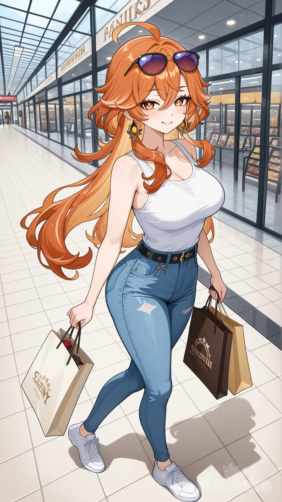 @mavuika_(Genshin_Impact) woman big sister style

#big sister style , good figure , 

#side view 

 # upper body (Focus on the upper body, from the waist up.)

#looking at viewer #full body#, up view , #full body ,from above , day , funny , relaxed, anime style , 

#cool post

, white Thin tank top, jeans, running shoes, sun glasses

relax , Taking a stroll, walking on a sidewalk , on a midnight sunnyday , in the shopping mall carrying a bag full of a brand name clothes in her hands., I