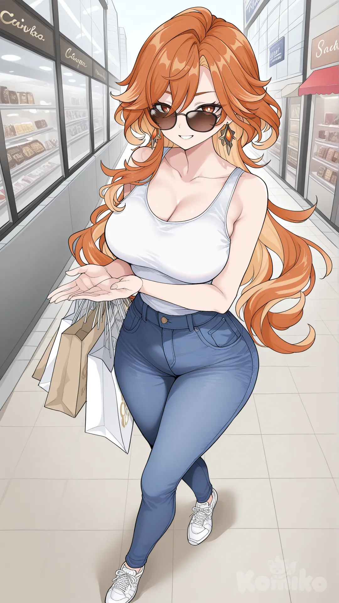 @mavuika_(Genshin_Impact) woman big sister style

#big sister style , good figure , 

#side view 

 # upper body (Focus on the upper body, from the waist up.)

#looking at viewer #full body#, up view , #full body ,from above , day , funny , relaxed, anime style , 

#cool post

, white Thin tank top, jeans, running shoes, sun glasses

relax , Taking a stroll, walking on a sidewalk , on a midnight sunnyday , in the shopping mall carrying a bag full of a brand name clothes in her hands., I