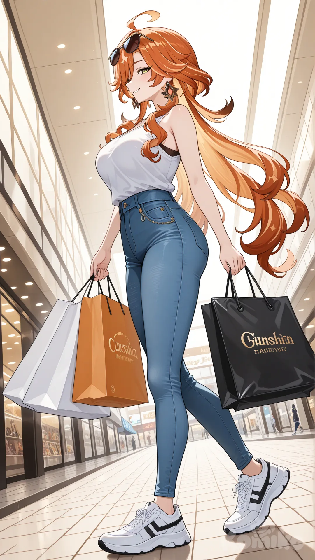 @mavuika_(Genshin_Impact) woman big sister style

#big sister style , good figure , 

#side view 

 # upper body (Focus on the upper body, from the waist up.)

#looking at viewer #full body#, up view , #full body ,from above , day , funny , relaxed, anime style , 

#cool post

, white Thin tank top, jeans, running shoes, sun glasses

relax , Taking a stroll, walking on a sidewalk , on a midnight sunnyday , in the shopping mall carrying a bag full of a brand name clothes in her hands., I
