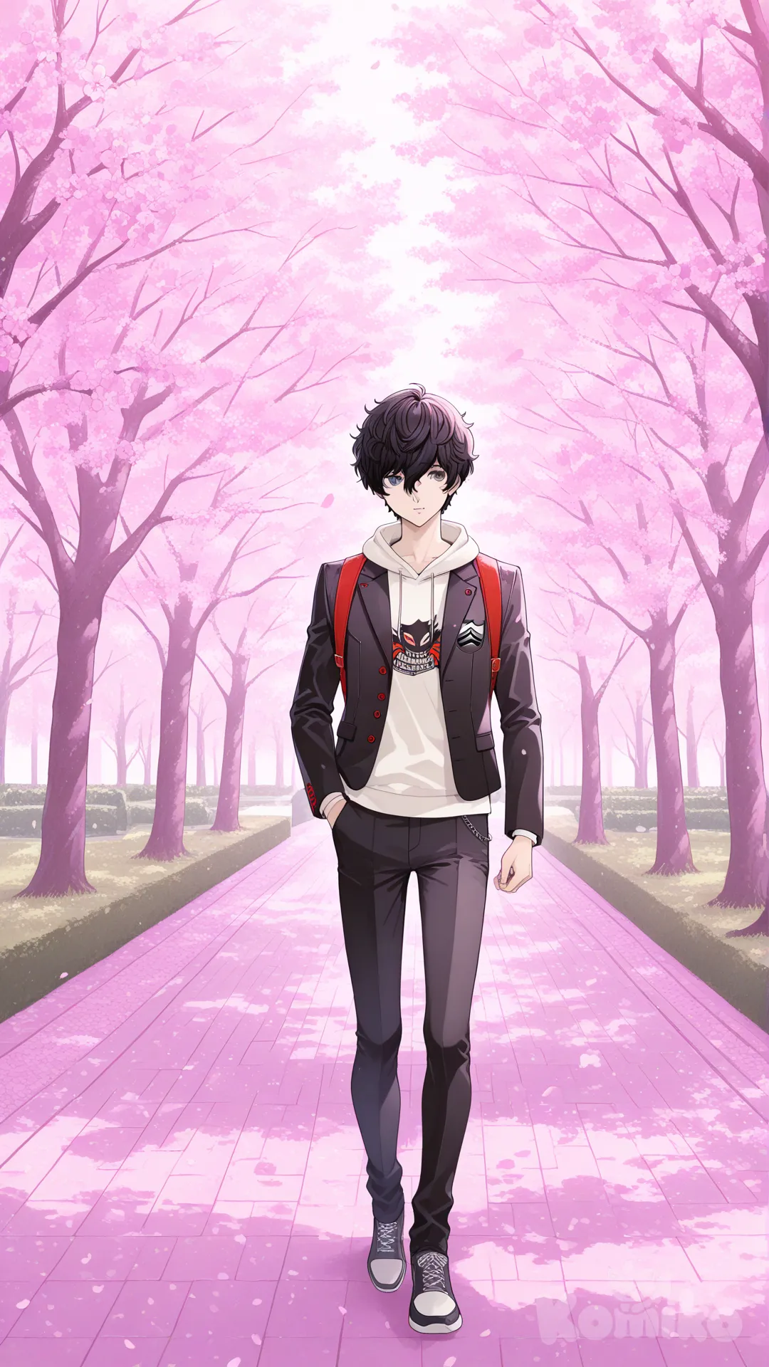 persona 5, crie um jovem adulto passeando em um parque