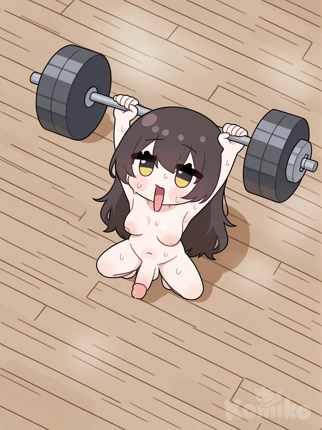 Femboy com um pau imenso e mini bolas pelado na academia fazendo agachamento num pau de borracha, [uplook-style]