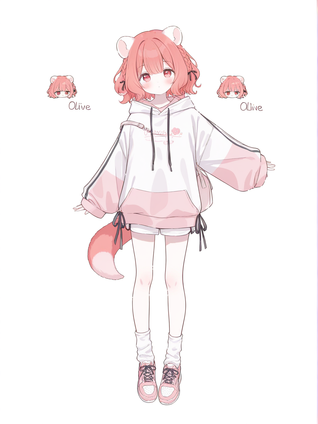 [soft-pastel-style] 1girl, olive skin, pale skin, red eyes, red hair, braids, wavy hair, short hair, petite, teenager, chibi, pastel colors, watercolor, ferret ears, ferret tail, single character, full body, looking at viewer, anime style, simple background, white background