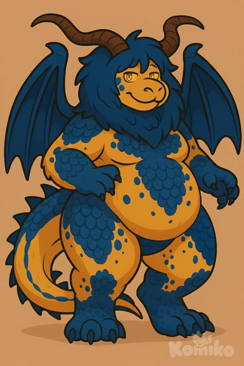 Make it like the reference but more chubby, make its horns brown, make it a little more scaly on the limbs but keep the fur, and make sure it DOES NOT have any outfits