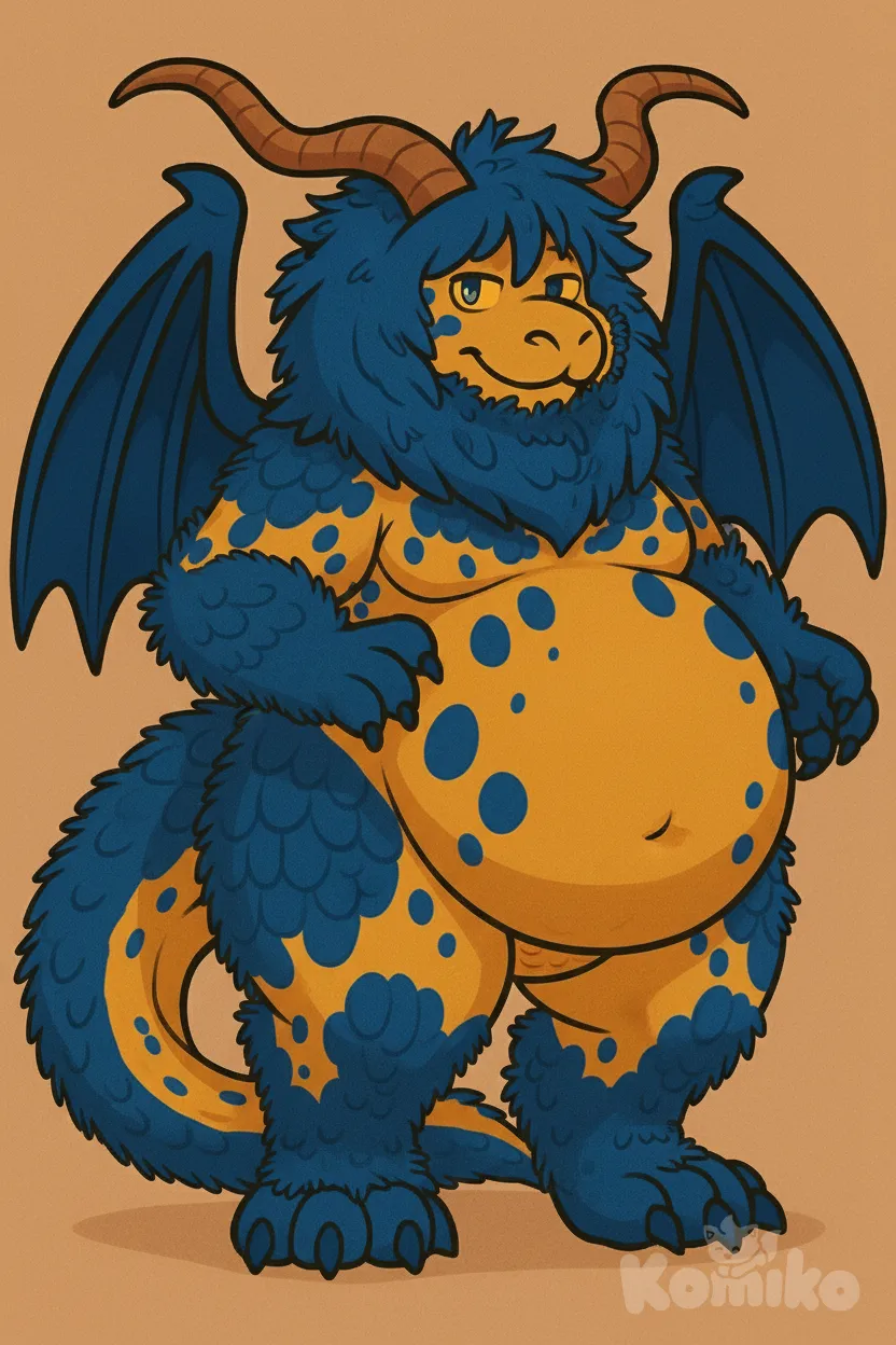 Make it like the reference but more chubby and add more raggedy fur around its belly, make its horns brown, make it a little more scaly on the limbs in a smooth way but keep the fur and if anything make the fur more ragged, and make sure it DOES NOT have any outfits and that the limbs and main are blue and the body is yellow