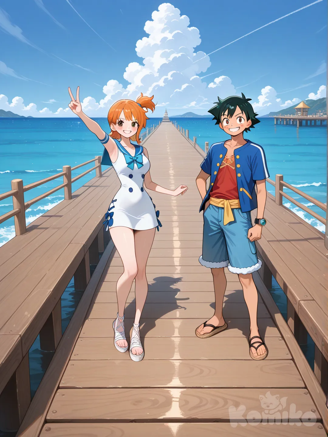1boy, 1girl, @Ash_Ketchum, @Misty_(Pokemon), cosplay, @Monkey_D._Luffy, @Nami_(One_Piece), ultra-wide shot, full body, pier, v sign, looking at viewer