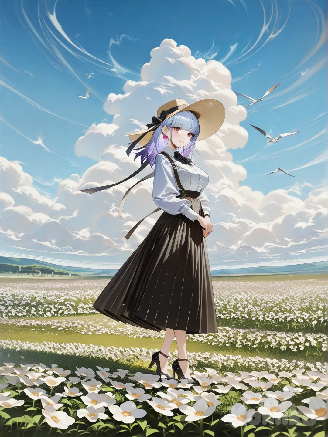 @Dido_(Azur_Lane), [high-gloss-illustration-style], smile,Formal dress, long skirt, heels, hat.With curves, ultra-wide shot, flower field, blue sky.