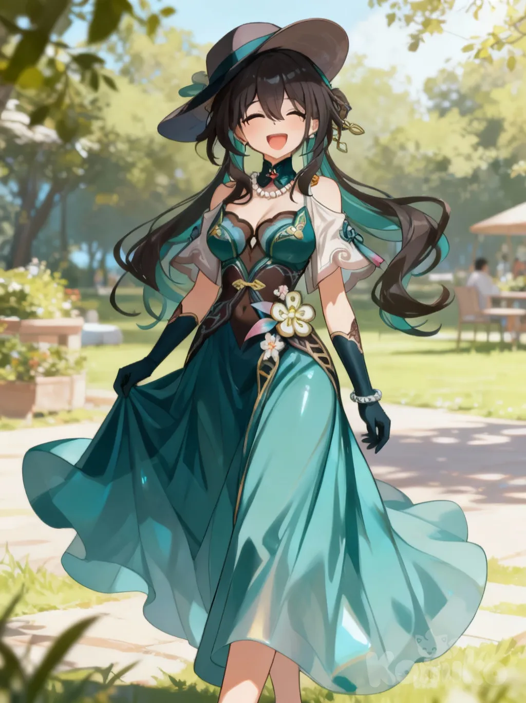 @Ruan_Mei_(Honkai:Star_Rail), Dressed casually, long skirt, hat, happy,curvy,[high-gloss-illustration-style]