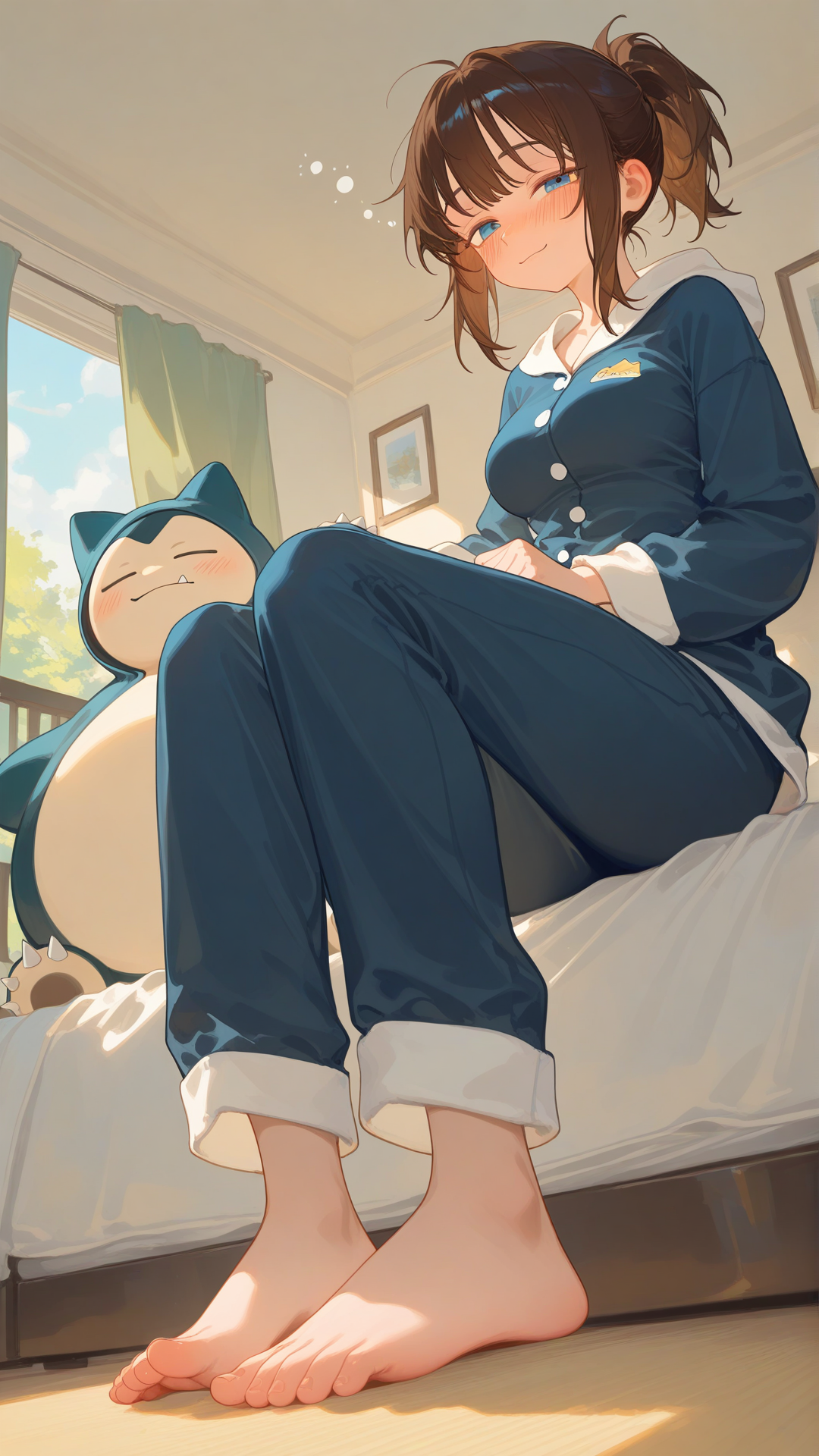@misaki-gaUT, wearing blue Snorlax pyjams, Snorlax face on the hood, siting on the bed, barefeet, sleepy look, blush, halfclosed eyes, bedroom, full body, looking at viewer, day, from below, [soft-shading-style]