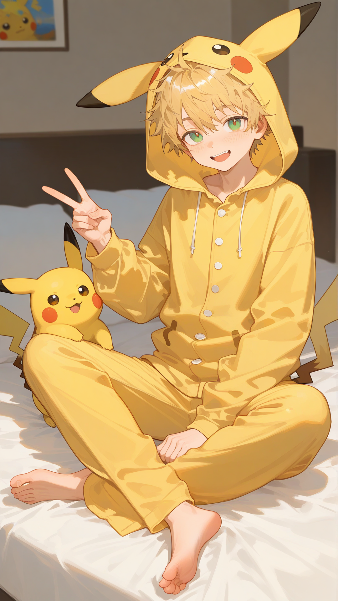 @hikaru-iirO, wearing yellow Pikachu pyjams, Pikachu face on the hood, barefeet, athletic body, opened mouth, smiling, showing "V" signs, no choker, full body, looking at viewer, golden hour, siting on the bed crossing legs, [soft-shading-style], depth of field