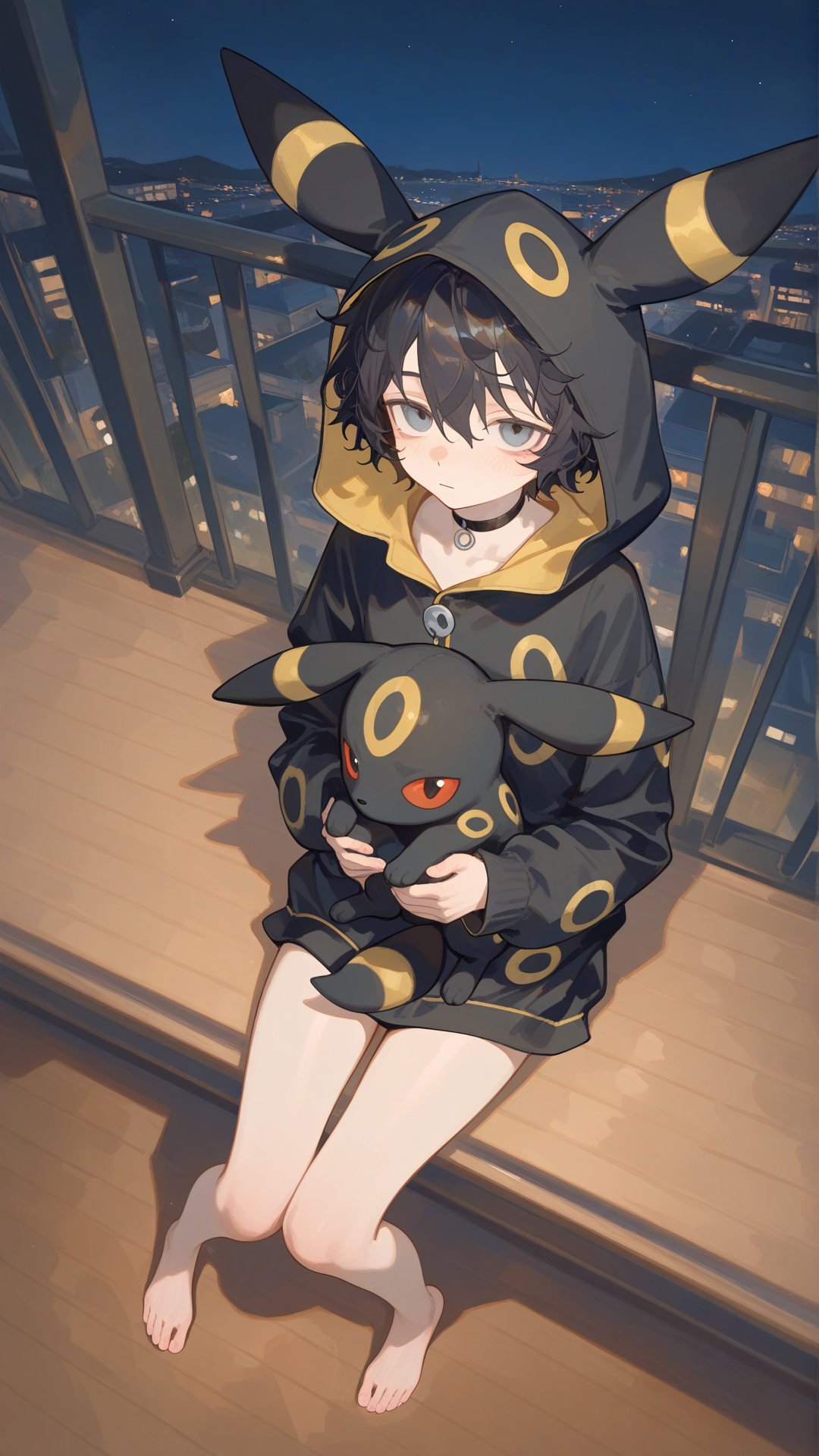 @ryo-lPBA, wearing black Umbreon pyjams, Umbreon face on the hood, siting on the balcony with Umbreon plushy, barefeet, emotionless, no blush, full body, looking at viewer, night, from above, [soft-shading-style]
