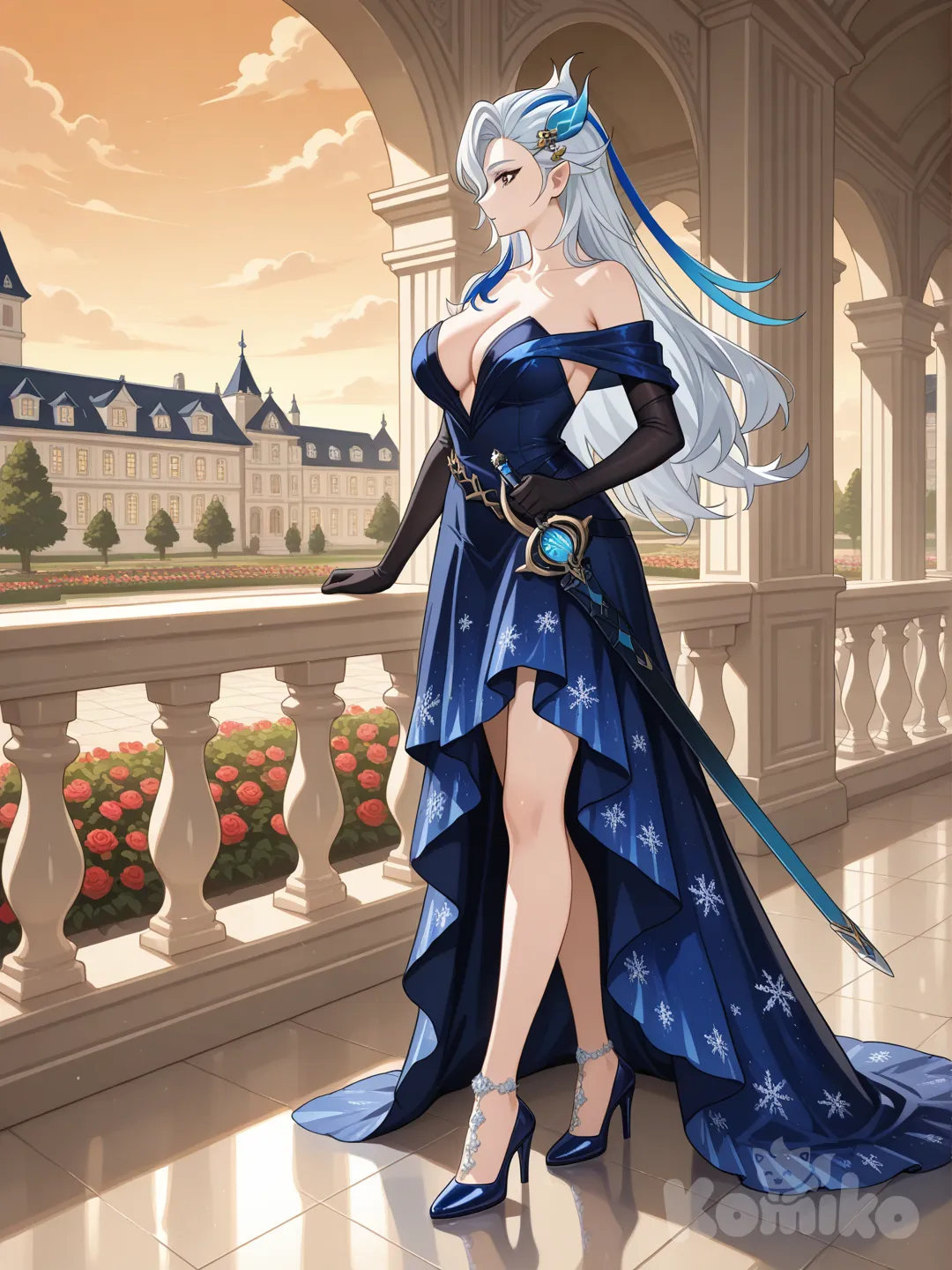 @Neuvillette_(Genshin_Impact) as a woman
#looking at viewer #full body#, front view , big boobs
blue sapphire color dress (the dress is a Off-the-shoulder dress with no shoulder straps) with black Snowflaker pattern, black long gloves
Carrying a rapier sword(has a black blade and a sharp edge that was as blue sapphire color dress.) at the waist
The blue high heels are shiny, as if they were made from blue sapphire
On the bone-white marble balcony on the upper floor of a luxurious French-style mansion, white with a charcoal-colored roof.
Standing and looking at the view of the blood-black rose garden below
Evening view , In the middle of a garden full of maple trees
,day ,side profile photo , relaxed, anime style ,
look like a leader and cool women , cold eyes
Evening sunlight