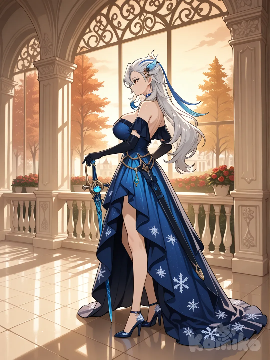 @Neuvillette_(Genshin_Impact) as a woman
#looking at viewer #full body#, front view , big boobs
blue sapphire color dress (the dress is a Off-the-shoulder dress with no shoulder straps) with black Snowflaker pattern, black long gloves
Carrying a rapier sword(has a black blade and a sharp edge that was as blue sapphire color dress.) at the waist
The blue high heels are shiny, as if they were made from blue sapphire
On the bone-white marble balcony on the upper floor of a luxurious French-style mansion, white with a charcoal-colored roof.
Standing and looking at the view of the blood-black rose garden below
Evening view , In the middle of a garden full of maple trees
,day ,side profile photo , relaxed, anime style ,
look like a leader and cool women , cold eyes
Evening sunlight