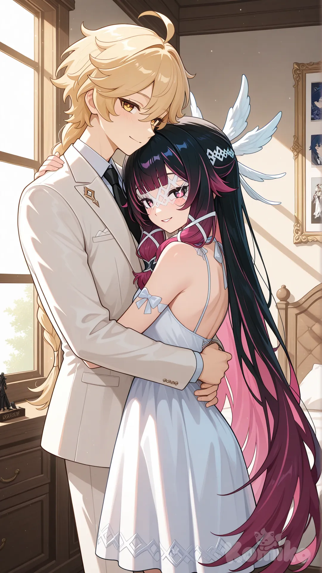 Columbina (Genshin Impact) Model-like figure

Both of them are the wives of Aether (Genshin Impact) 

#white dress for Columbina (Genshin Impact)

#white common suite for aether (Genshin Impact)

#A couple's bedroom with off-white interior decor creates a relaxing 

#front view 

# ,from above ,night ,side profile photo , 

#stand in front of the mirror, wake up , relaxed, anime style , bedroom ,sunny moring, relaxed, happyday , anime style , 

They are happy together as a couple, like husband and wife.
She and he stood embracing in front of the window
 aether saw this and happily hugged his wife from behind.