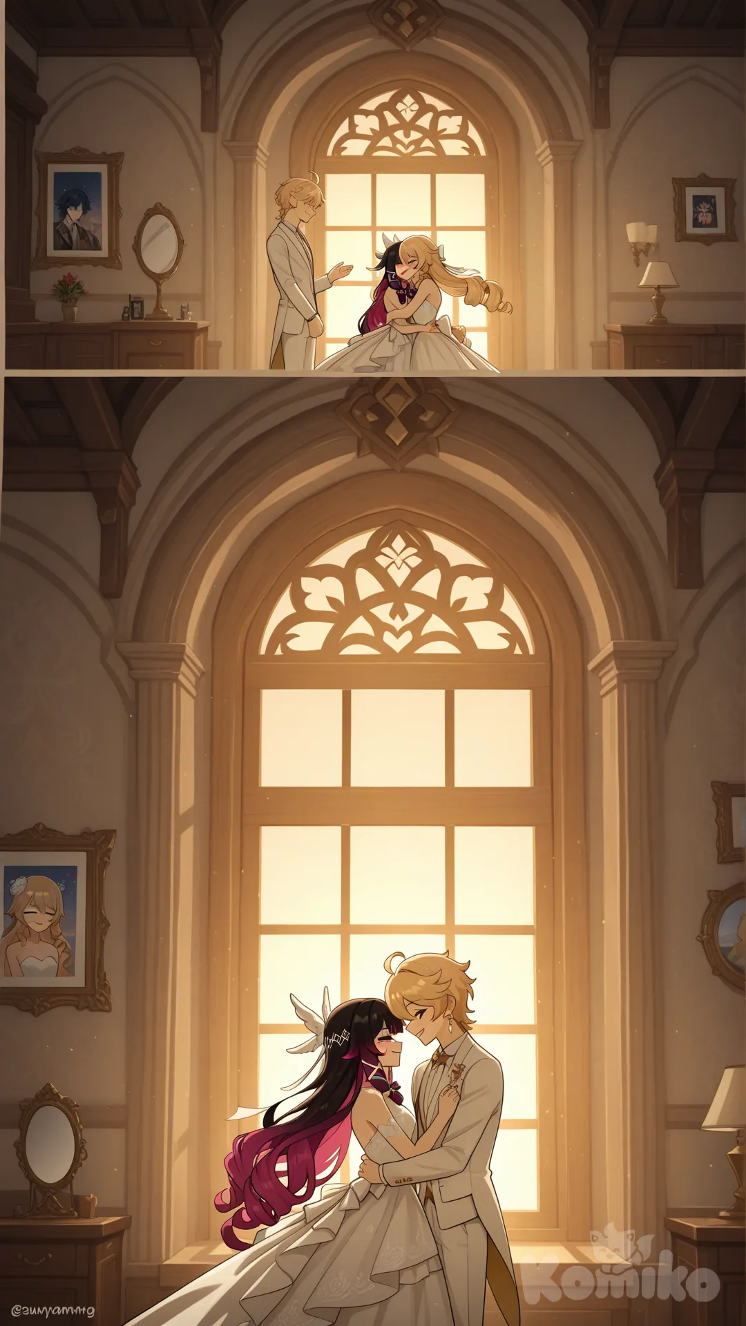 Columbina (Genshin Impact)

Both of them are the wives of Aether (Genshin Impact) 

#after wedding

#white dress for Navia (Genshin Impact)

#white common suite for aether (Genshin Impact)

#A couple's bedroom with off-white interior decor creates a relaxing 

#front view 

#from above , eveing , sunset day ,side profile photo , 

#stand in front of the mirror, wake up , relaxed, anime style , bedroom ,sunny moring, relaxed, happyday , anime style , 

They are happy together as a couple, like husband and wife.
She and he stood embracing in front of the window, watching the many guests who had arrived at their post-wedding celebration.
 aether saw this and happily hugged his wife from behind.