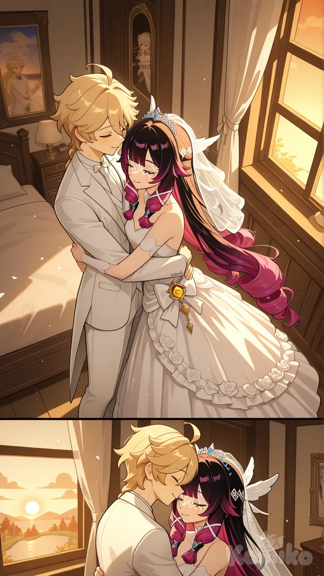 Columbina (Genshin Impact)

Both of them are the wives of Aether (Genshin Impact) 

#after wedding

#white dress for Navia (Genshin Impact)

#white common suite for aether (Genshin Impact)

#A couple's bedroom with off-white interior decor creates a relaxing 

#front view 

#from above , eveing , sunset day ,side profile photo , 

#stand in front of the mirror, wake up , relaxed, anime style , bedroom ,sunny moring, relaxed, happyday , anime style , 

They are happy together as a couple, like husband and wife.
She and he stood embracing in front of the window, watching the many guests who had arrived at their post-wedding celebration.
 aether saw this and happily hugged his wife from behind.